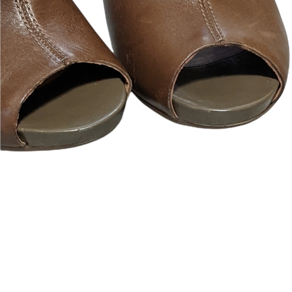 Clarks Okena chic peep toe leather mule stacked wood heel brown green 10M - Picture 7 of 14